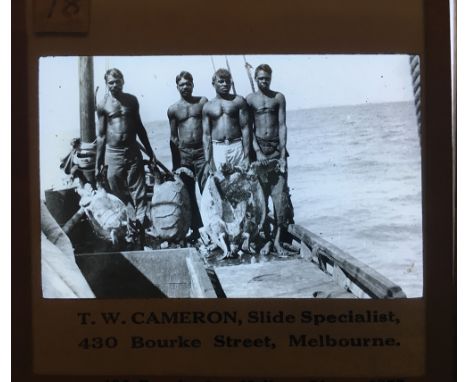 A remarkable collection of magic lantern slides of 1930s Western Australian Aboriginal subject matter. 72 slides, all 8.2 x 8