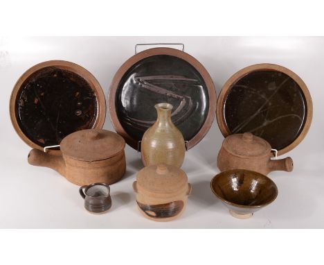 Two Leach studio pottery dishes and covers, height 12cm, width 24cm, height 11cm, width 19.5cm, three tenmoku glazed plates, 