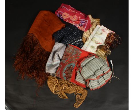 A brown crepe fringed scarf, 175 x 42cm, two silk scarves, four other scarves, a striped cambric Edwardian bustle with red pi