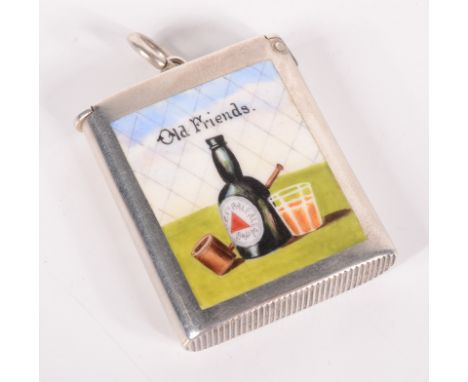 A rare Victorian silver and enamel vesta case of rounded rectangular form with flat hinged lid and attached suspension ring, 