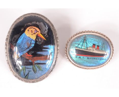 An R M S Mauritania silver and butterfly wing brooch and one other butterfly wing brooch. 