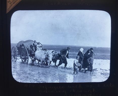 A collection of 63 annotated photographic magic lantern slides, most depicting military scenes from the 1912-1913 Balkan War,