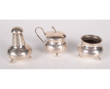 A Chinese bamboo engraved three piece silver cruet.