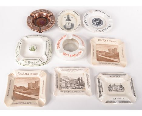 Nine advertising ceramic ashtrays, including Doulton & Co., Springfield, Dudley and Showroom. Lambeth.S.E.1., Watson's Whisky