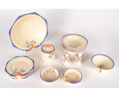 Seventeen pieces of Clarice Cliff Bizarre 'Honeyglaze' items, comprising an octagonal fruit bowl, five dessert bowls, five oc