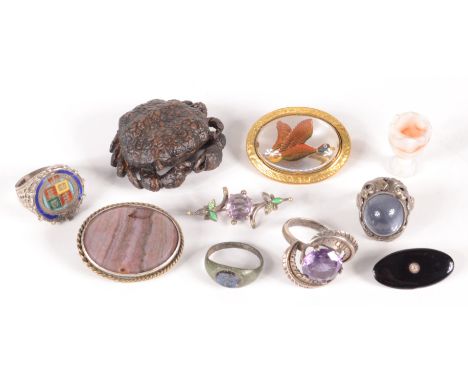 An 'Essex Crystal' gilt mounted flying duck brooch, a carved wood crab netsuke, together with silver and other jewellery. 