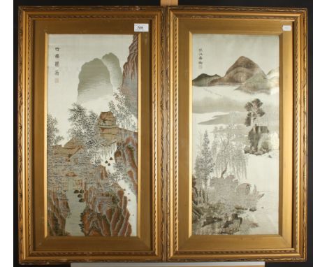 Four Chinese silk pictures, early 20th century, with calligraphy and seal marks, framed and glazed, 68.7 x 38.4cm.  Condition