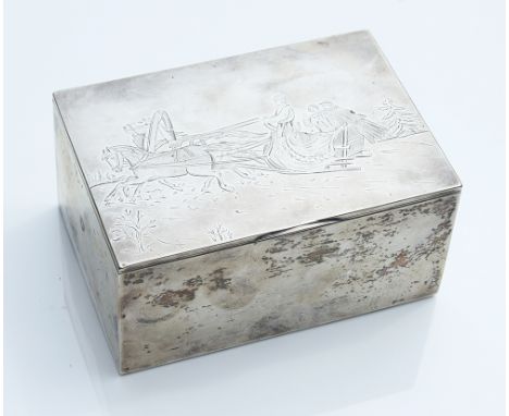 A Russian silver cigarette box, the lid engraved with a winter troika, Moscow assay master Ivan Lebedkin makers mark Erik Aug