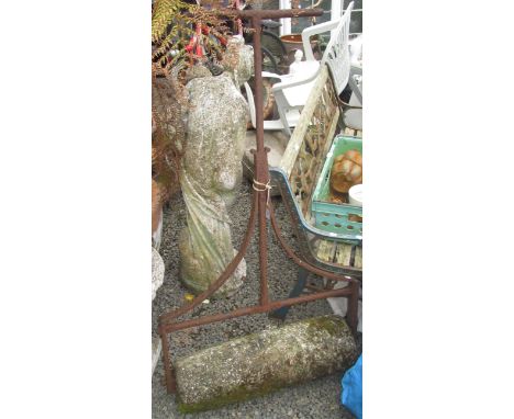 A cast iron handled granite garden roller, granite roller dimensions height 18cm, width 65cm, depth 19cm, full height 126cm. 