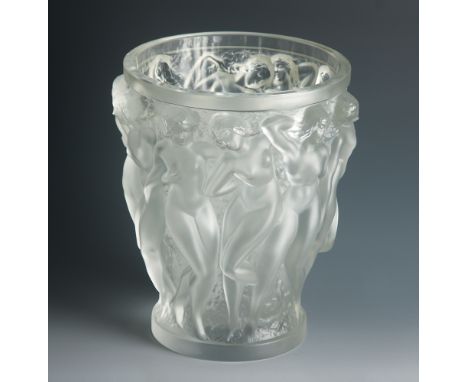 A Rene Lalique Bacchantes frosted glass vase, the body deeply moulded with naked women, engraved to the base R. Lalique Franc