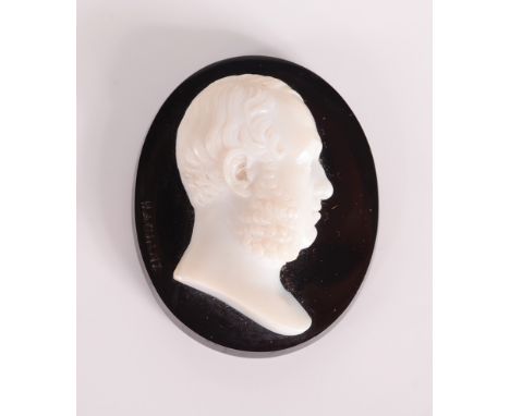 A fine hard stone cameo portrait of a bearded gentleman by Luigi Saulini, signed Saulini, 37 x 30mm, depth 11mm. (See illustr