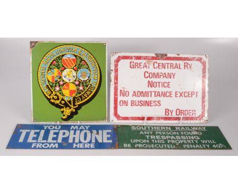 A Southern Railway green enamel sign 10 x 28cm and three other enamel signs. 