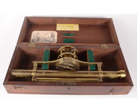 A brass surveyors level, circa 1800-1820, in a mahogany case, paper label to inside of cover inscribed 'Shuttleworth, Opticia