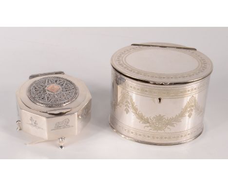 An Adam style engraved silver plated tea caddy and an Egyptian silver box.