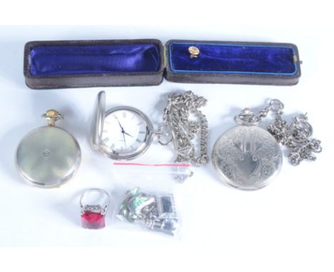 A diamond set gold stick pin, cased, together with a little silver jewellery and three modern pocket watches. 