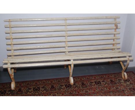 A Lords Cricket Ground bench, inscribed 'Lords 1984 Grandstand Balcony', with black painted seat numbers 13, 14, 15 and 16, t
