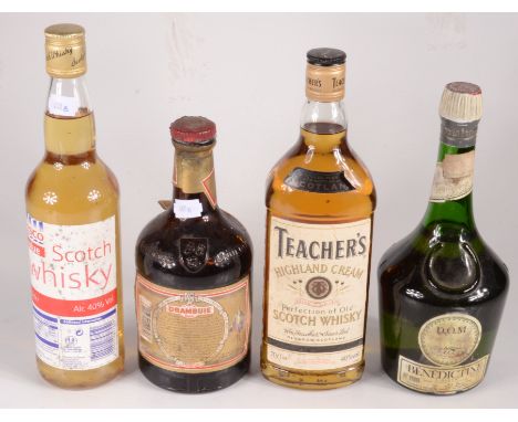 A bottle of Teacher's Highland Cream whisky, 70cl, 40%, a bottle of Tesco value Scotch whisky, 70cl, 40%, a bottle of Drambui