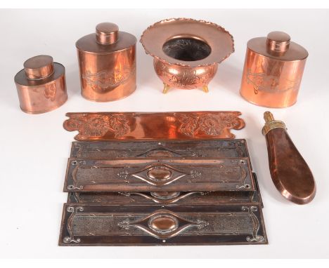 Two J.S & S copper tea caddies, each height 12.5cm, another caddy, a pair of copper door plates and one other, a copper shot 