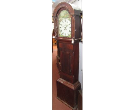 A mahogany 30 hour longcase clock, early 19th century, the painted arched dial signed E.Mayell, Liskeard, the arch with a cou