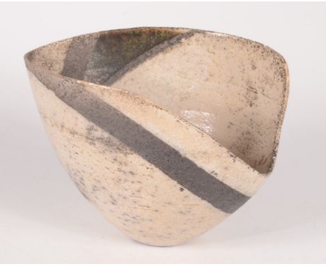 A studio pottery bowl, the cream speckled ground with grey abstract decoration, indistinct potter's mark to base, height 8cm,