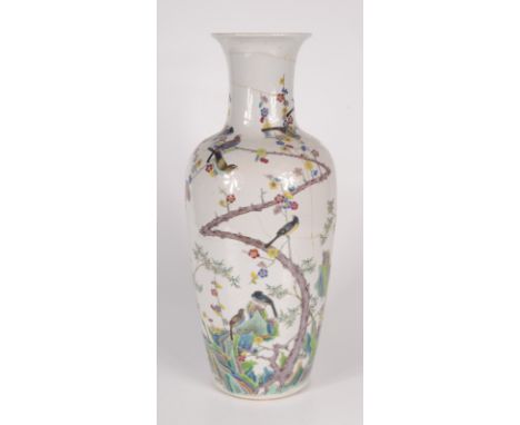 A Chinese porcelain famille verte baluster vase, 19th century, decorated with birds and flowering trees, Kangxi six character