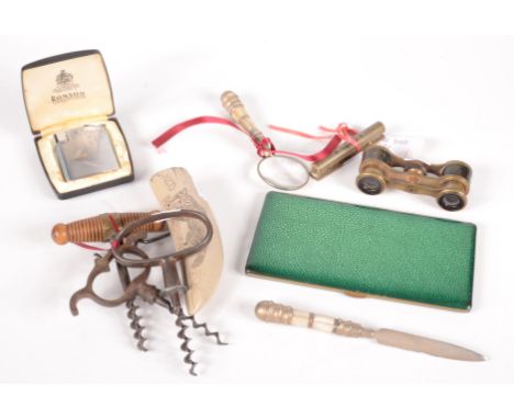 Miscellaneous to include corkscrews, a Ronson lighter, small brass level etc.