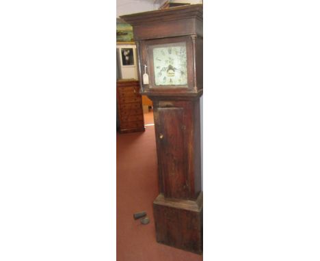 An oak 30 hour longcase clock, late 18th century, the painted dial indistinctly signed Reynolds Twithe? weight and pendulum, 