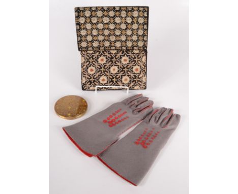 A pair of 1930s hand made felt gauntlets, length 27.5cm, two black velvet, metal and gold thread Indian evening bags, each 13