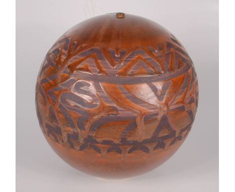 A Lamorna Pottery globular lamp base, with a band of abstract decoration, height 26cm, diameter 24cm. 