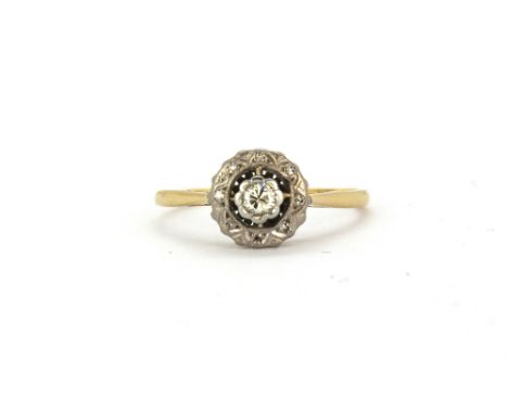 An early 20th Century 18ct yellow gold and platinum diamond set ring, (P.5).