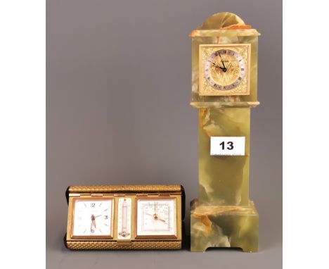 A mid 20th Century Swiza onyx miniature longcase clock with mechanical movement, H. 27cm. Together with a 1950's travelling c