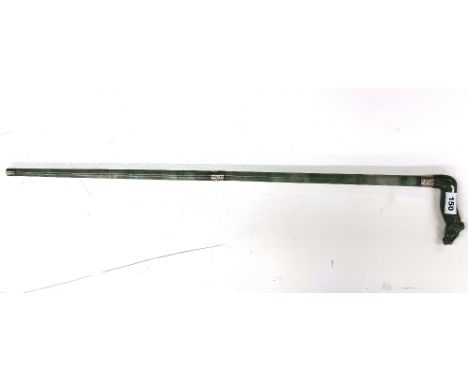 A white metal (tested silver) mounted aventurine two section walking stick with horse head handle, L. 83cm.