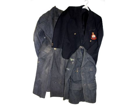 An RAF jacket and drape coat along with a blazer with the lapel patch for the British nuclear test veterans associations comb