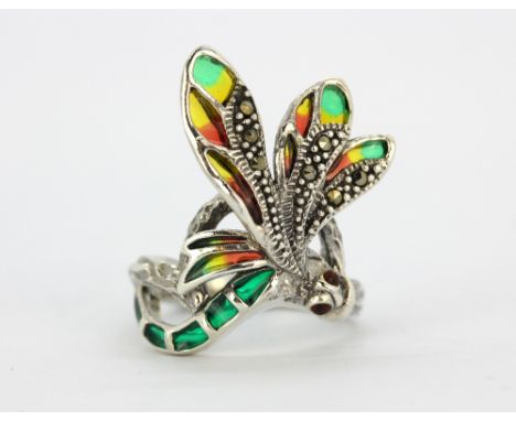 A 925 silver and marcasite enamelled dragonfly shaped ring set with ruby eyes, (N).