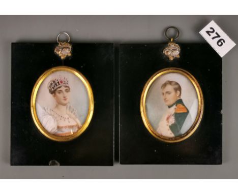 A pair of fine hand painted portrait miniatures of Napoleon and Josephine, one signed Castelli, appear to be on ivory, frame 