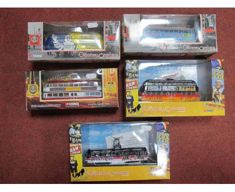 Five Boxed Corgi 1:76th Scale Diecast Model Trams, including #43507 Blackpool Balloon Tram No. 707 Empire Tools, #OM44004 Bla