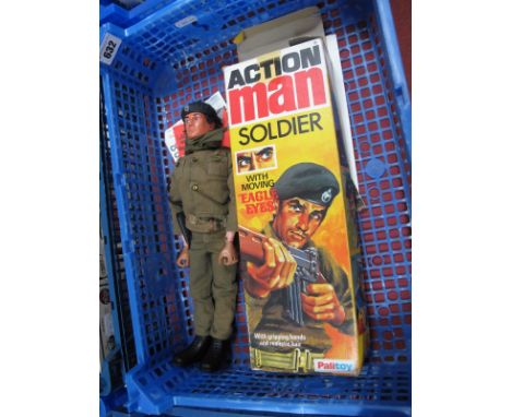 Original Action Man Soldier, with gripping hands, realistic hair, 'eagle eyes'. In wrong khaki uniform but with belt, beret, 