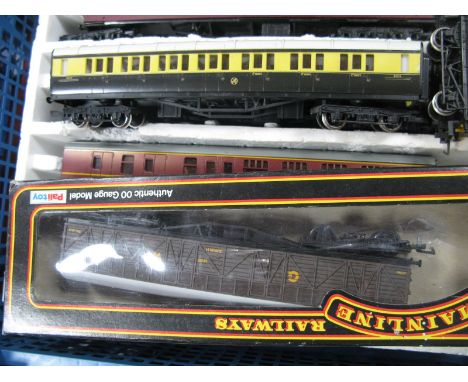 A Quantity of 'OO' Model Railway, five unboxed eight wheel coaches by Hornby and Lima and a wagon, all playworn.