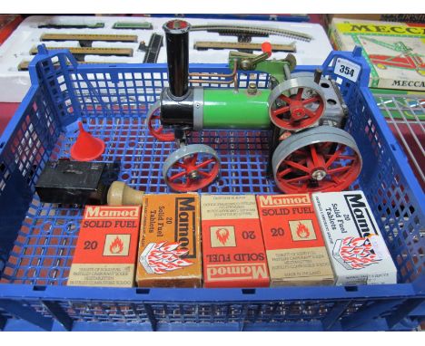 A Mamod TEIA Live Steam Model Traction Engine, scuttle, funnel, steering extension present, five boxes solid fuel tablets, mi