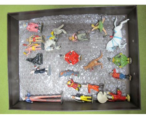 Nineteen Mid XX Century Lead Circus Figures, including Britains Clowns, Equestrian, Boxing Clown and Kangaroo, Charbens Stilt