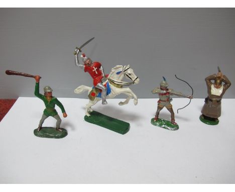 Four Krolyn (Denmark) Light Alloy Figures, including Robin Hood, Friar Tuck, mounted figure and one other, overall good. 