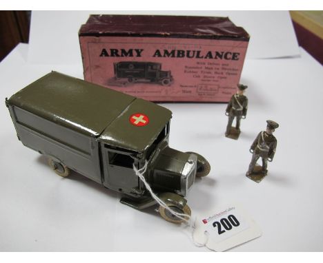A Pre-War Britains No. 1512 Army Ambulance in Khaki, rubber tyres, overall very good except back doors replaced, missing driv