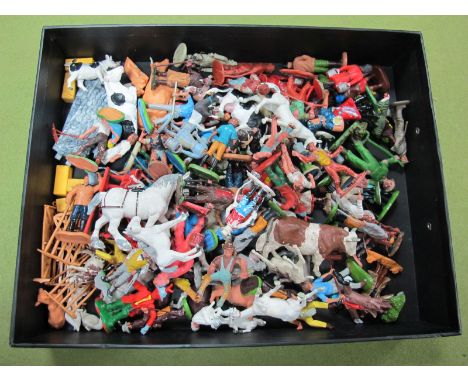 A Quantity of Plastic Farm Figures and Animals by Britains, Herald, Charbens and Others, playworn. 