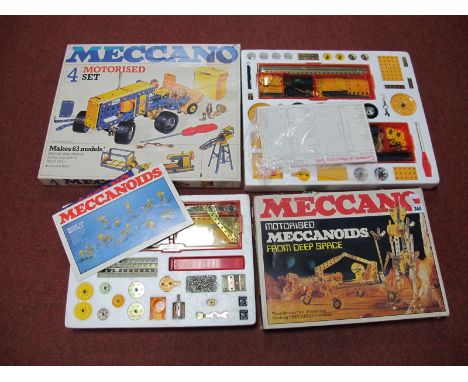 Two Boxed Meccano Motorised Construction Sets, #07504 Meccano Motorised No. 4 Construction Set, circa 1978, step by step manu