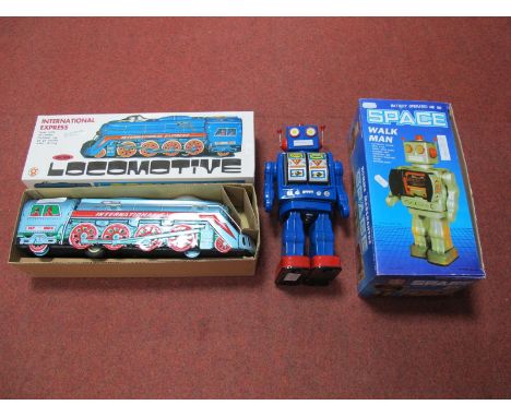 Two Boxed Modern Tin Plate Toys, Battery operated ME100 Space Walk Man Robot, #MF804 International Express friction locomotiv