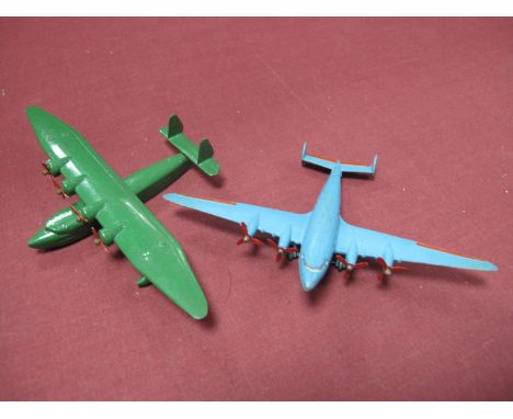 Two Original Dinky Aircraft, #60W Flying Boat, green body, red plastic roller, no markings, four three bladed props, model ve
