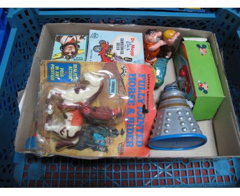 Assorted 1960's Plastic Toys, including rare Hong Kong plastic Dalek money box, Flintstone Walkers, Dr. Mopp Car by Marx (box