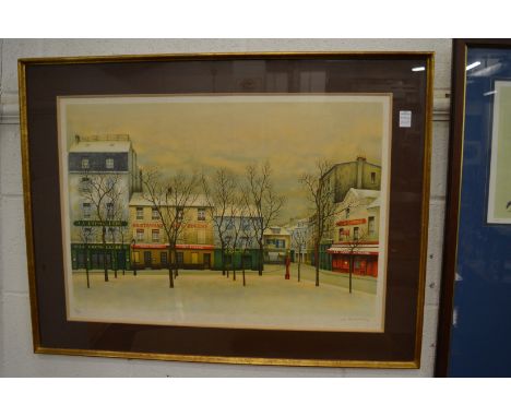 A French street scene with shops and buildings, colour print, pencil signed.