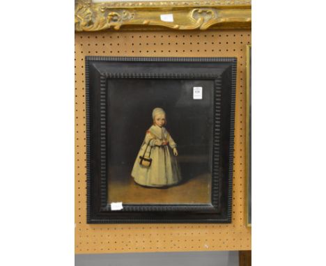 Portrait of a young girl wearing a white dress, colour print, in a ripple moulded frame.