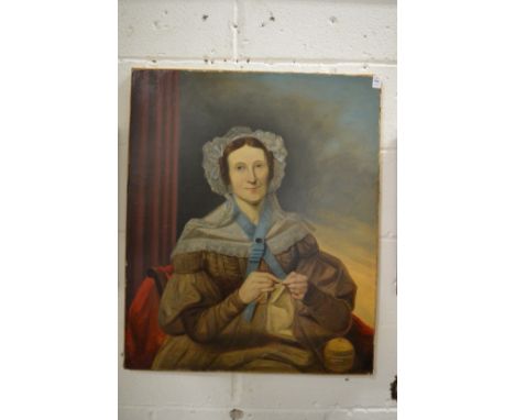 A 19th century portrait of a seated lady knitting, oil on canvas, unframed.